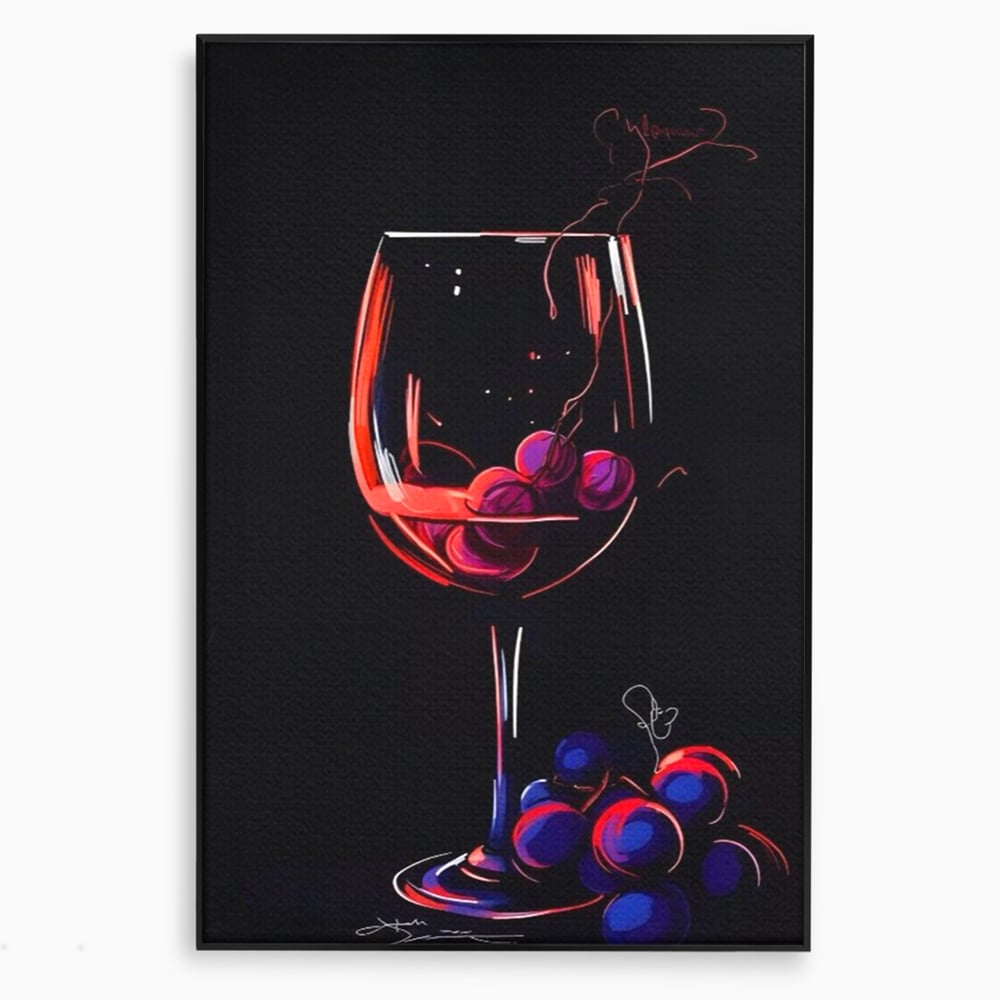 Tablou canvas cu tablou canvas cu pahar de vin si struguri, in rama de aluminiu negru